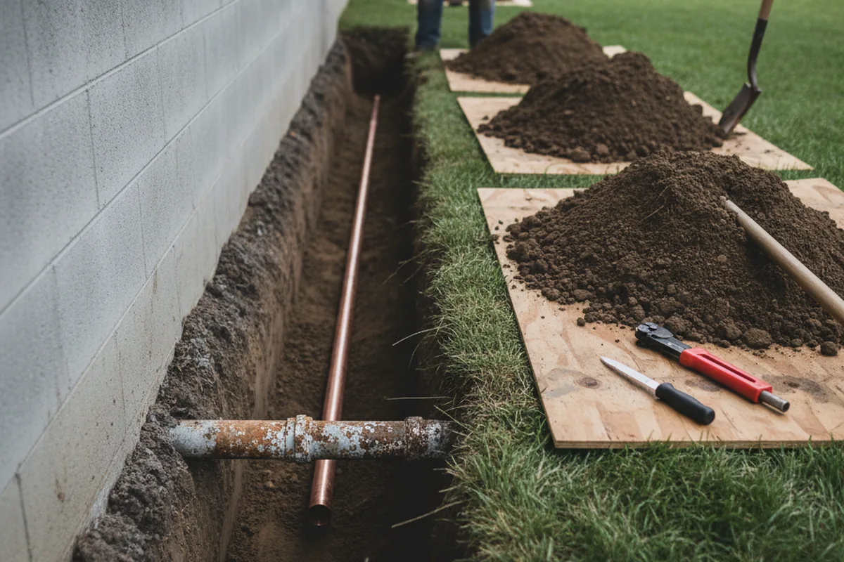 Excavated water line trench during Water Softener Installation in Willow Springs